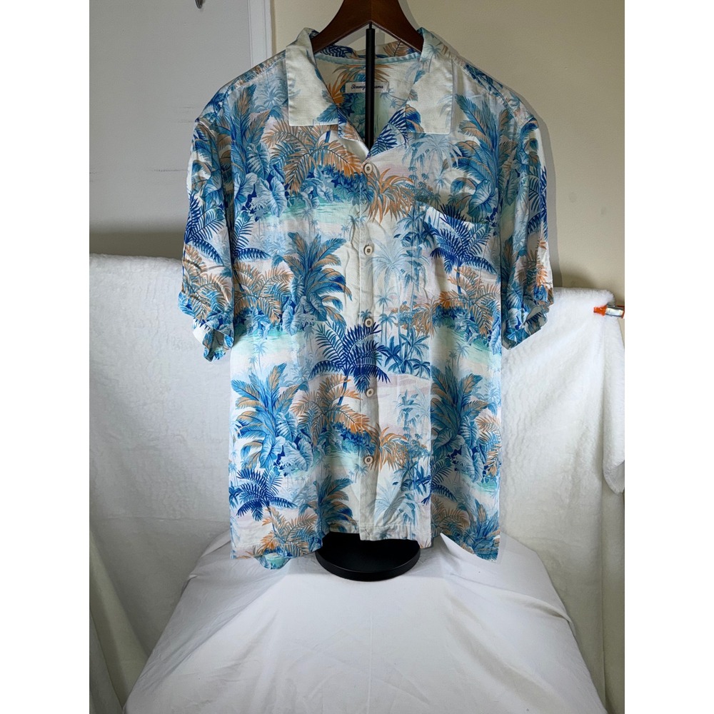 Tommy Bahama Button Down Shirt Mens XL Silk Blue Orange Tropical Palm Island - Picture 3 of 11